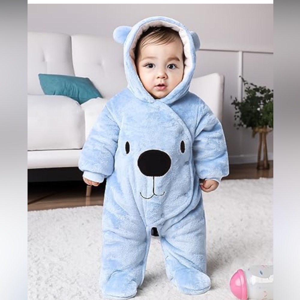 Minizone Jumpsuit Hood Baby Snowsuit Flannel Romper Winter bear blue 3/6 Month